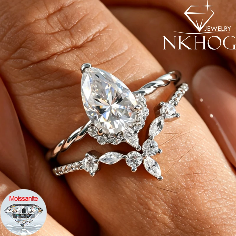 S925 Sterling Silver Bridal Rings Set Water Drop 1.5ct Moissanite Ring Women Stackable Wedding Band Fine Jewelry Gifts Certified