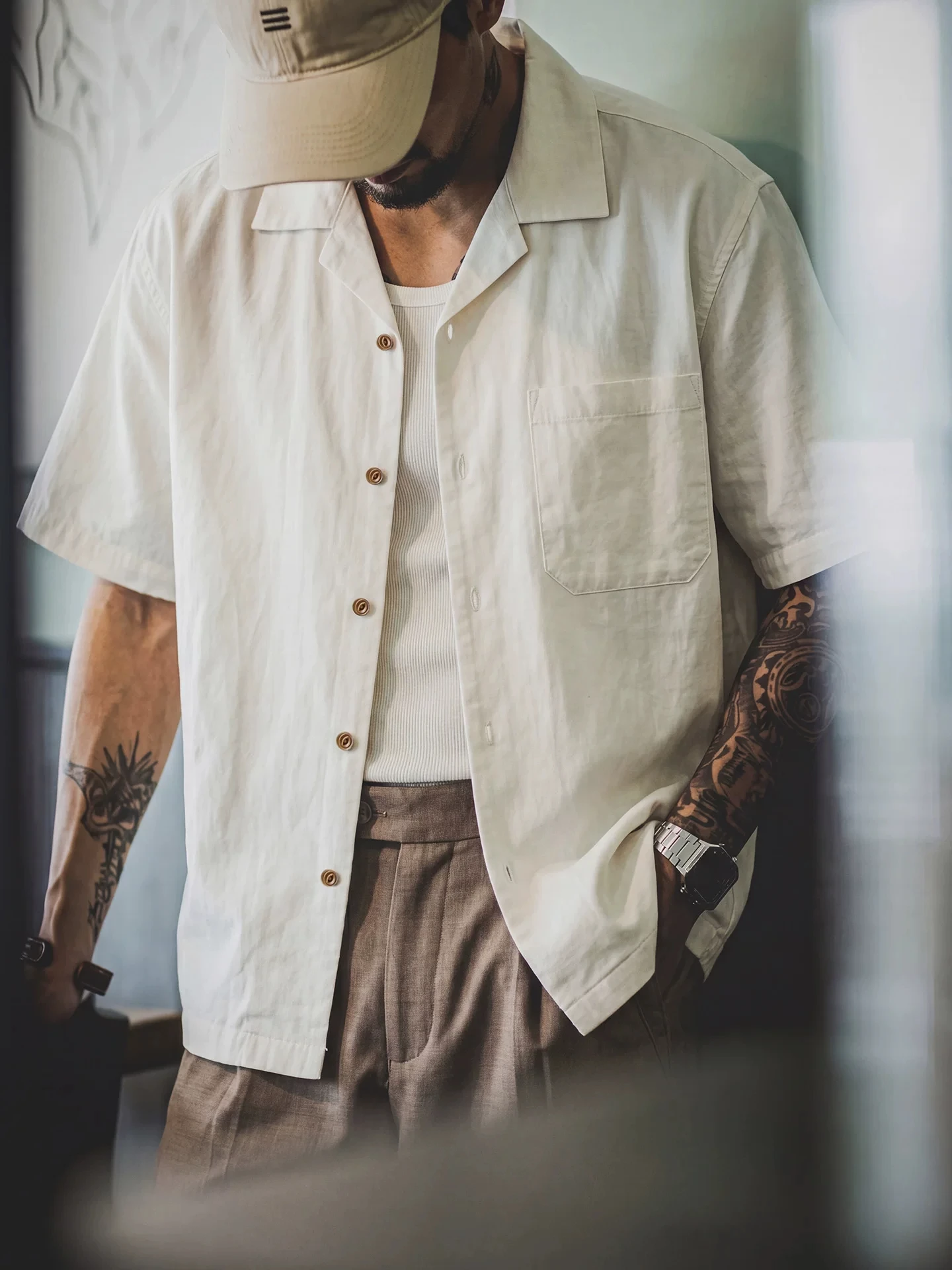 Loose Fit Men's Summer Casual Shirt Cuban Collar Short Sleeve Linen Mix Linen-Like Lyocell Breathable Comfortable T-Shirt Style