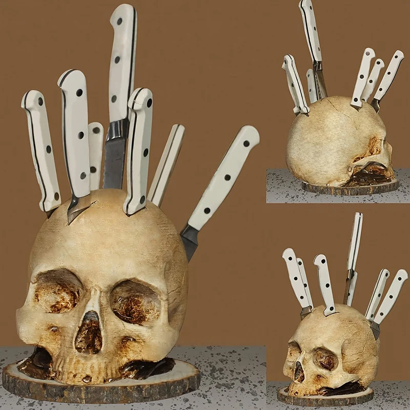 

Funny Skull Resin Kitchen Knife Holder 7 Slot Organizer Halloween Party Scary Home Restaurant Decoration Fruit Bread Knife Stand