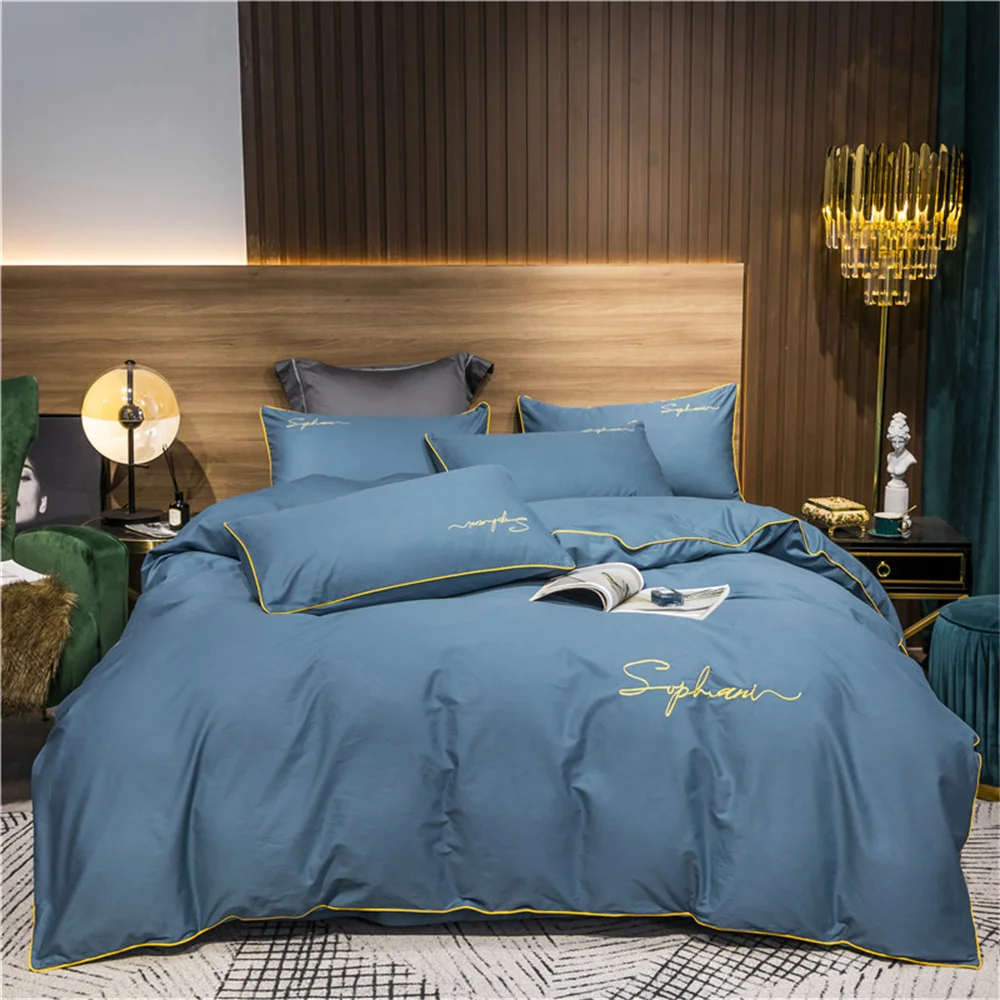 Svetanya Solid Cotton Embroidery Bed Linens Hotel Home Bedding Sets Sheet Pillowcase Duvet Cover Set