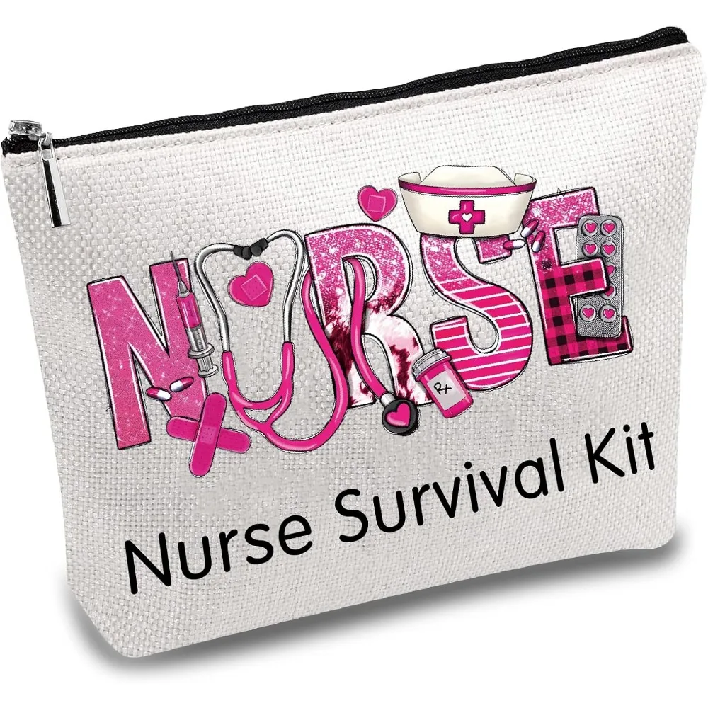 Pink Nurse Survival Kit Canvas Makeup Bags Cosmetic Bag with Metal Zipper Pouches Polycotton Toiletry Travel Bag