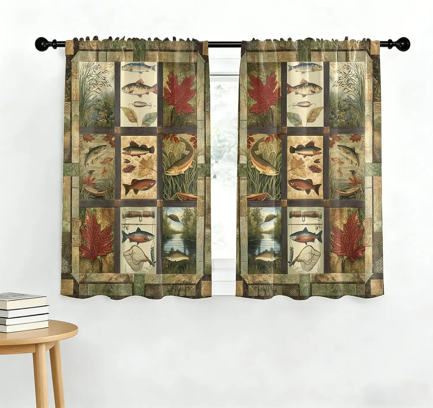 Autumn Mosaic Tile Fish and Leaf Pattern Curtains Pair for Window Decor Panels Drapes Home Accent
