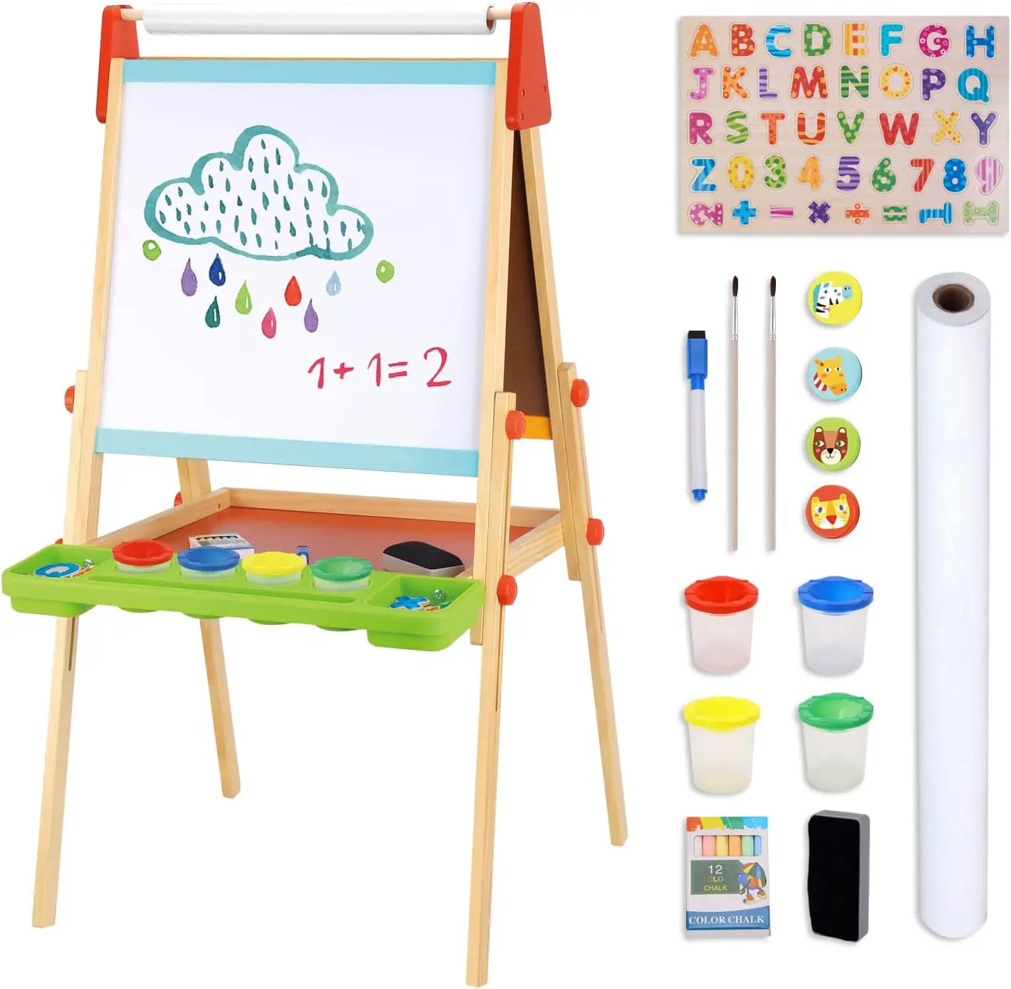 Wooden Easel for Kids - Adjustable Height Stand with Magnetic Whiteboard, Chalkboard, Paper Roll, Magnets, Drawing and Painting