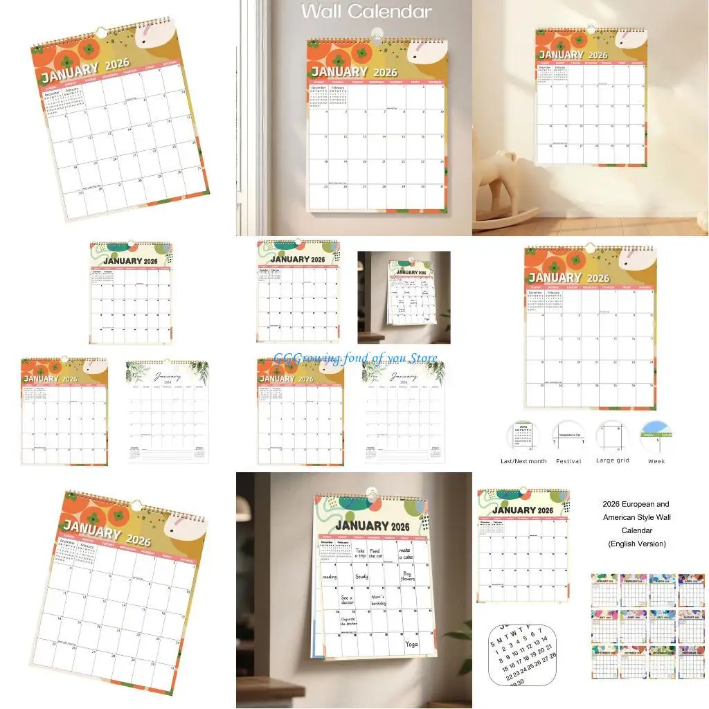 

H9EB 2026 Wall Mount Paper Calendar 12 Month Planner Runs from January to December For Home Office School 29.5x37cm
