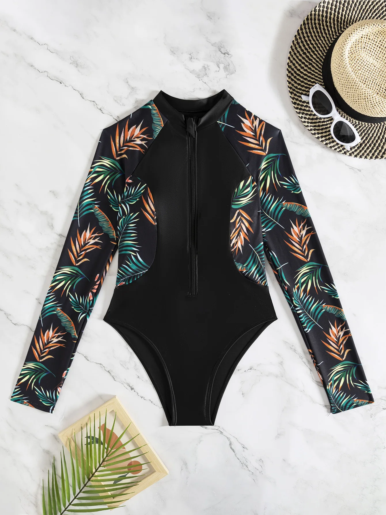 Vacation Swimwear Long Sleeve Patchwork Swimsuit Figure Flattering Piece Swimwear Chlorine Resistant Stretch Swimwear