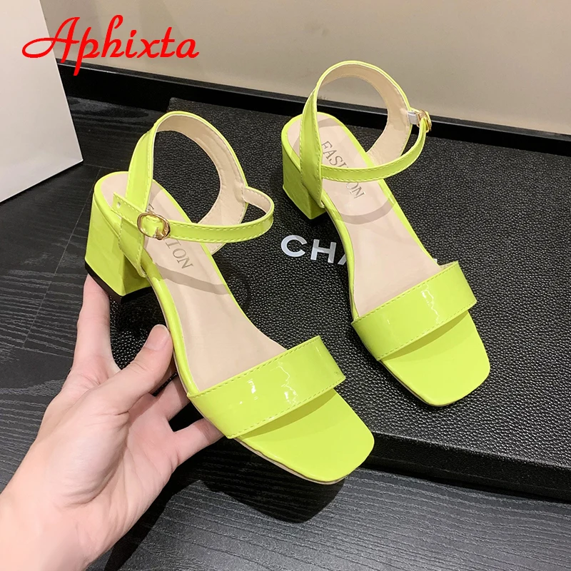 Aphixta Plus Size 46 New Summer Ankle Strap Peep Toe Leather Sandals Women Shoes 5cm Square Heel Simple FluorescentGreen Slides