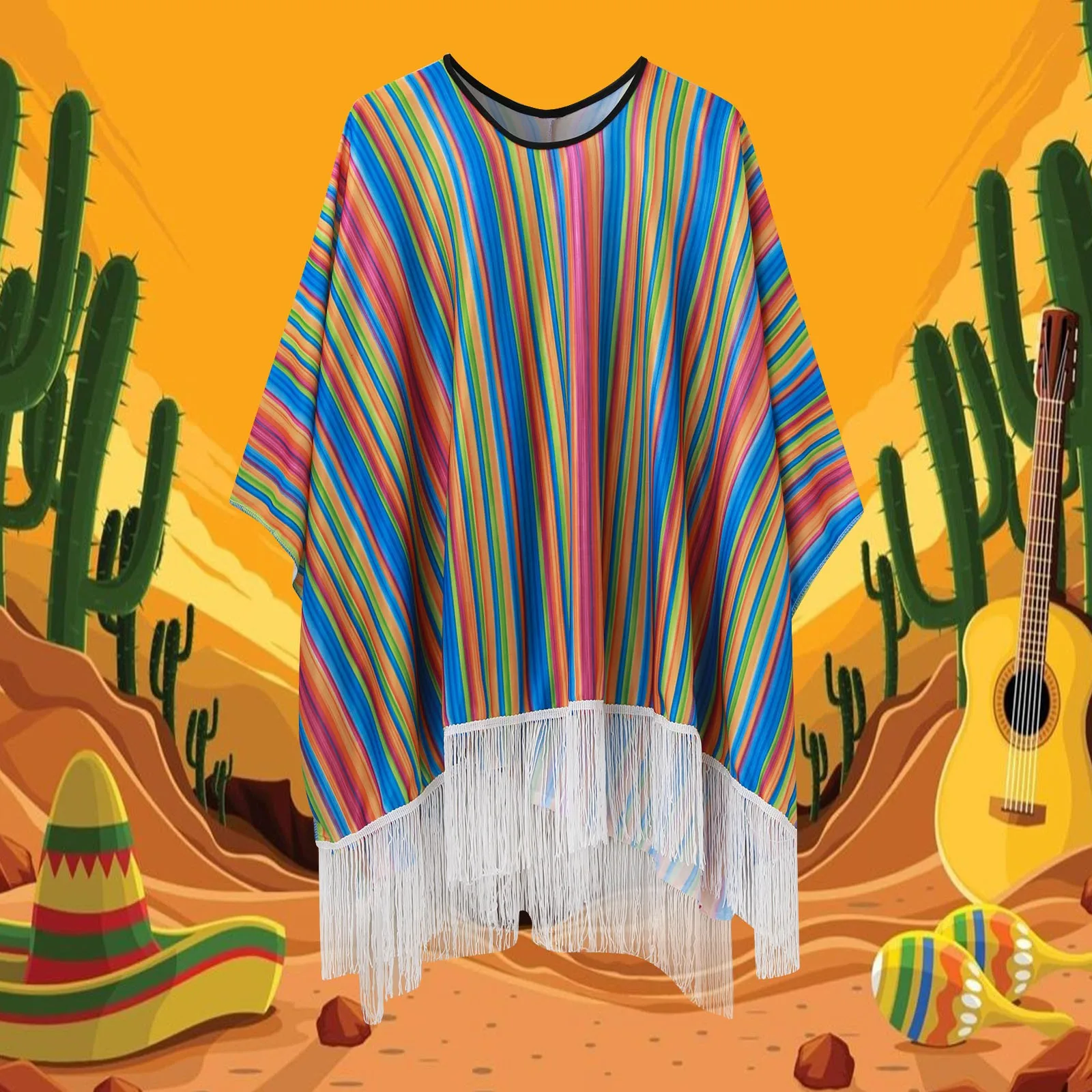 Male Festive Mexican Cape Cape Ethnic Print Striped Fringe Poncho Costume Top Man Clothing 2024