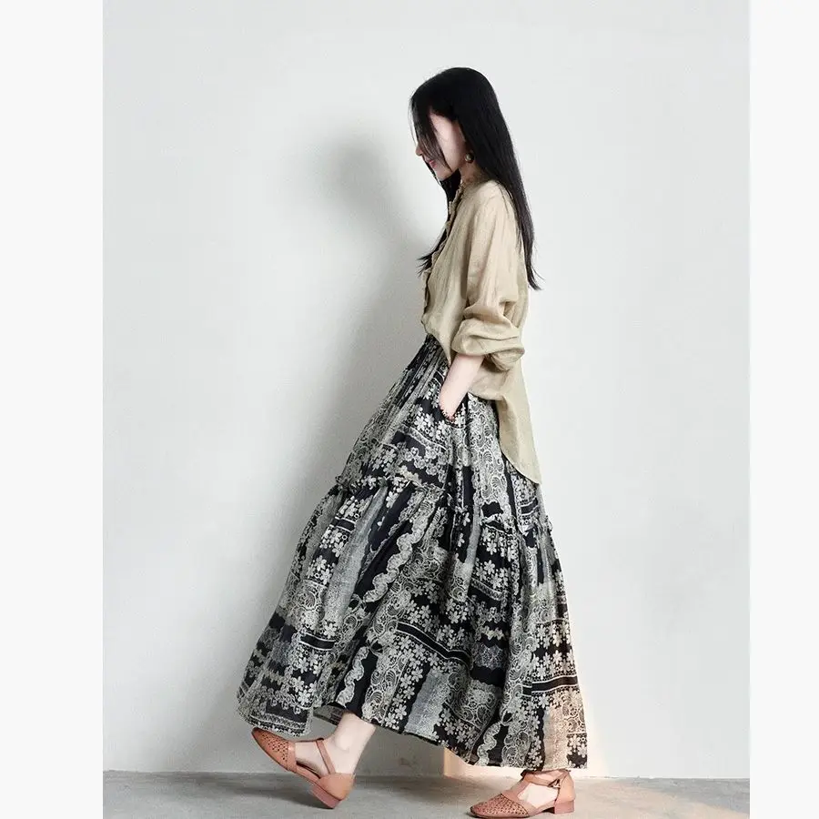 French Holiday Beautiful Women's Vintage Floral Lace Pattern Tiered Maxi Skirt - Drawstring Waist Boho Casual Long Swing Skirts