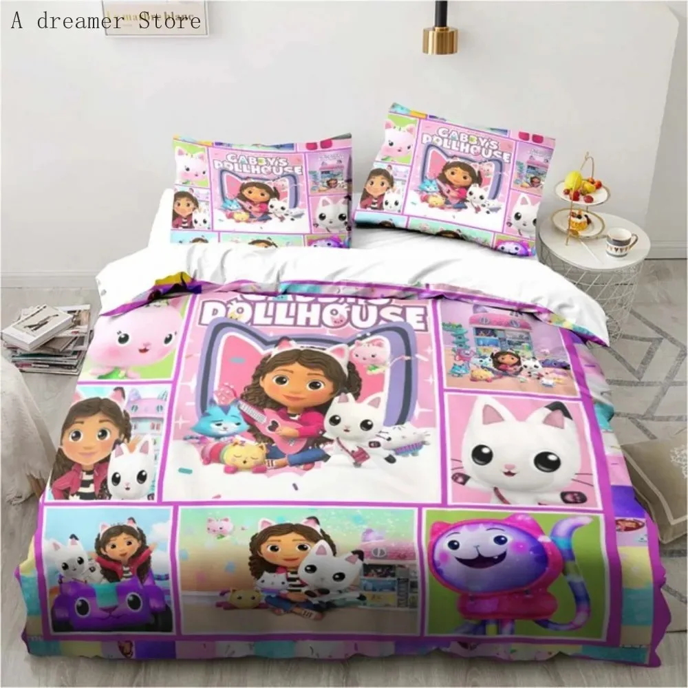 

Gabbys Dollhouse Characters Bedding Set Cartoon Duvet Cover Pink Bedclothes Single Double Queen King Size for Girl Bed Set