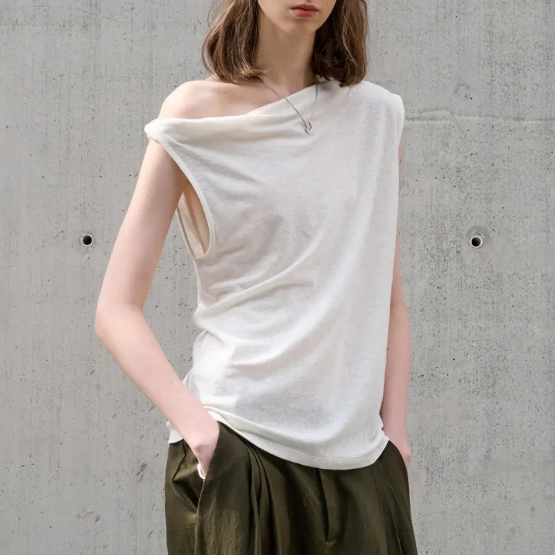 الفرنسية الكتان القطن غير النظامية واحدة الكتف تي شيرت للنساء الصيف بلا أكمام موضة جديدة غير رسمية شارع العليا مكتب سيدة القمم