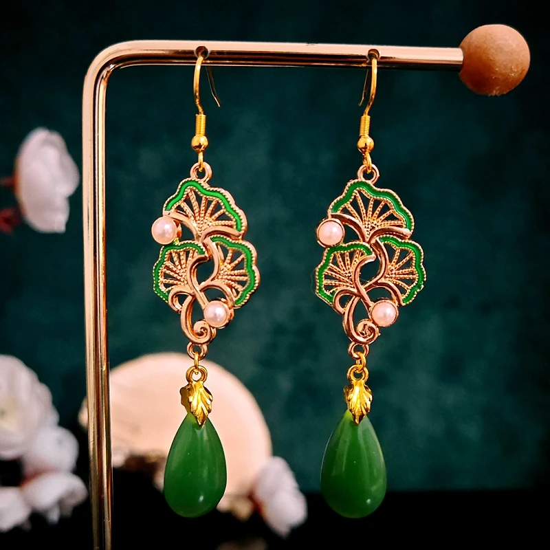 

925 Sterling Silver Hypoallergenic Emerald Fan Beadwork Oriental Earrings - Sustainable Ambrosia Green 2025 Trendy Jewelry