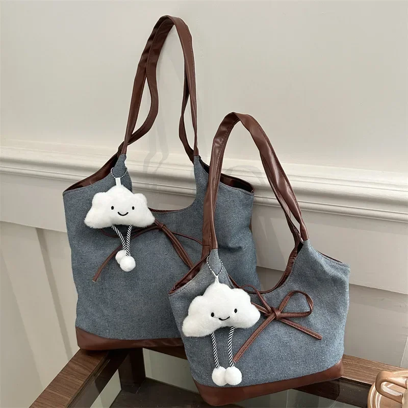 

Fashion denim splicing large capacity handbag tote bag