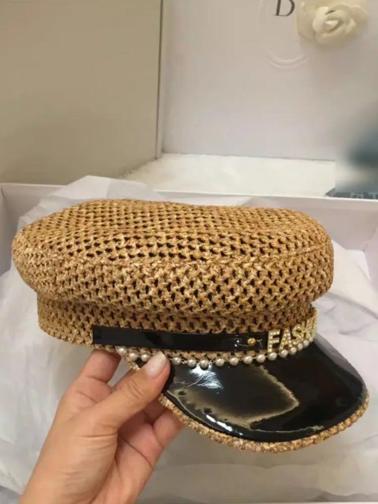 Women Spring Fashion Diamond Pearl Spliced Bright Black Faux Leather Straw Visors Casual Flat Top Hat Performance Vintage Hats