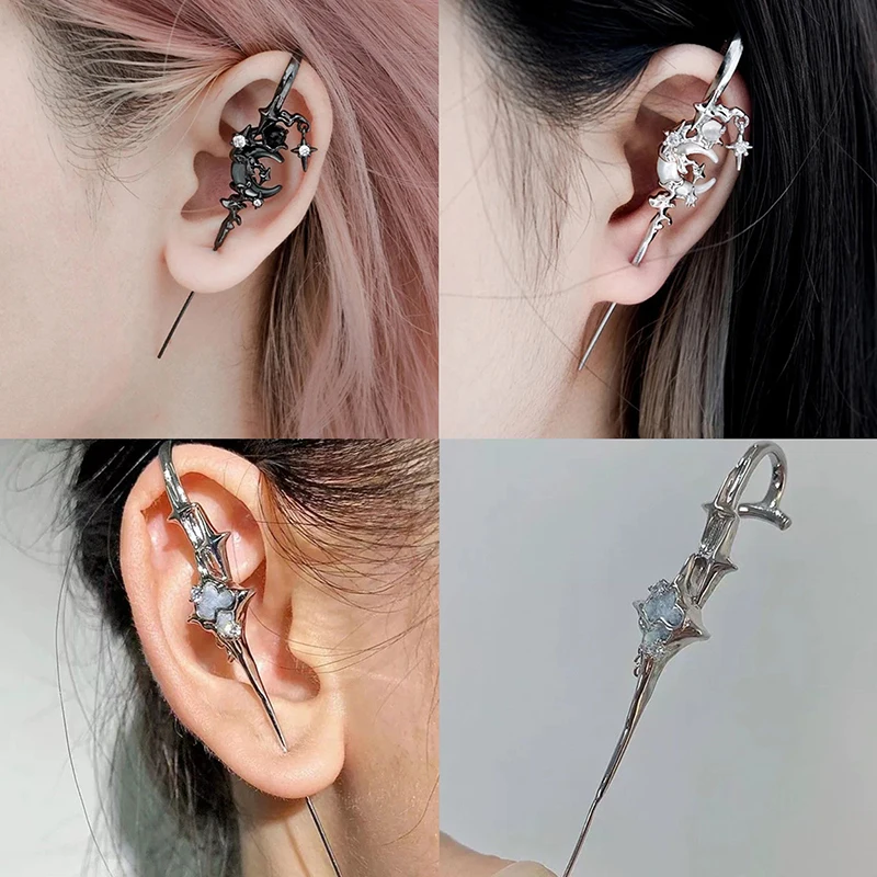 Creative Stars And Moons With Diamonds Earrings Geometric Fashion Personality Cold Wind Earrings Metal Piercing Ear Bridge