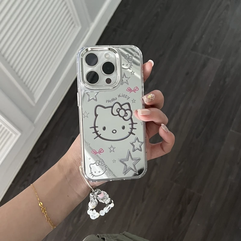 Etui na telefon Cute Cartoon Sanrio Y2K Hello Kitty Silver Plating do iPhone\'a 16 15 14 13 12 11 Pro Max Etui Mirror Surface Cover