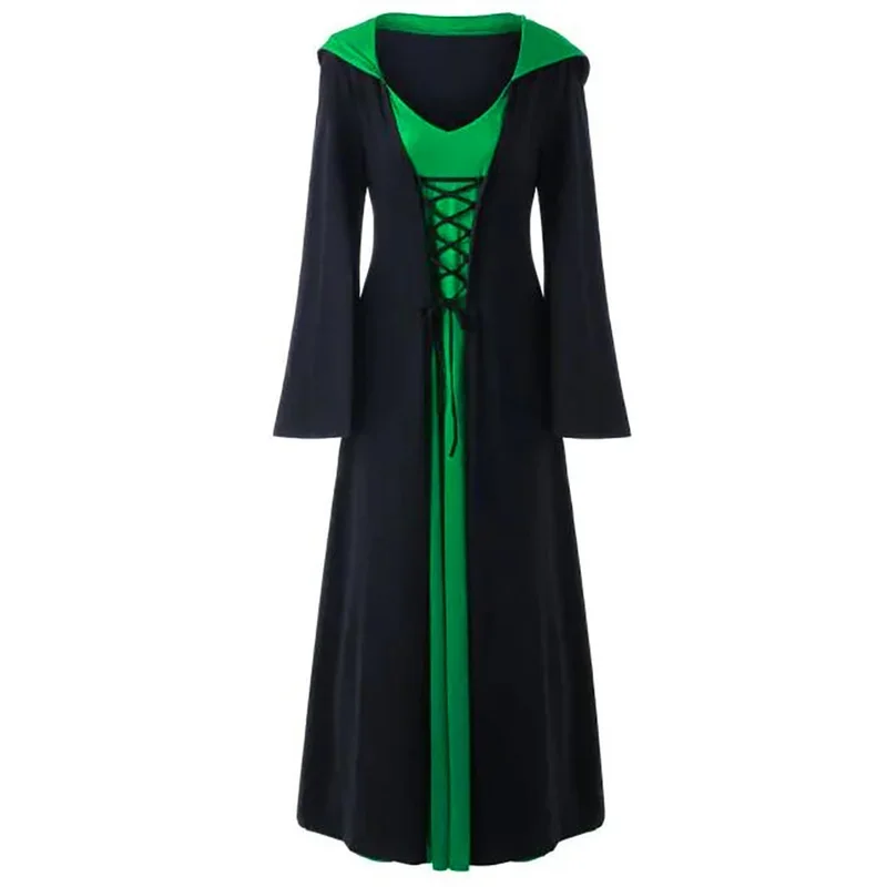 Medieval Dress For Women Lace-up Vintage Hooded Cloak Robe Adult Costume Retro Cosplay Halloween Scary Vampire Witch Long Dress