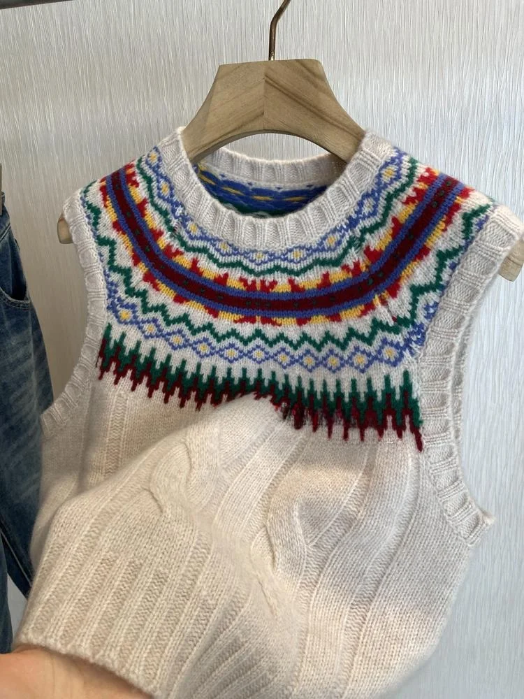 

Women's Knitted Wool Vest round Ne Full Wool Tka Fair Isle Retro Goods Knitted Vest Faionable Autumn Wear