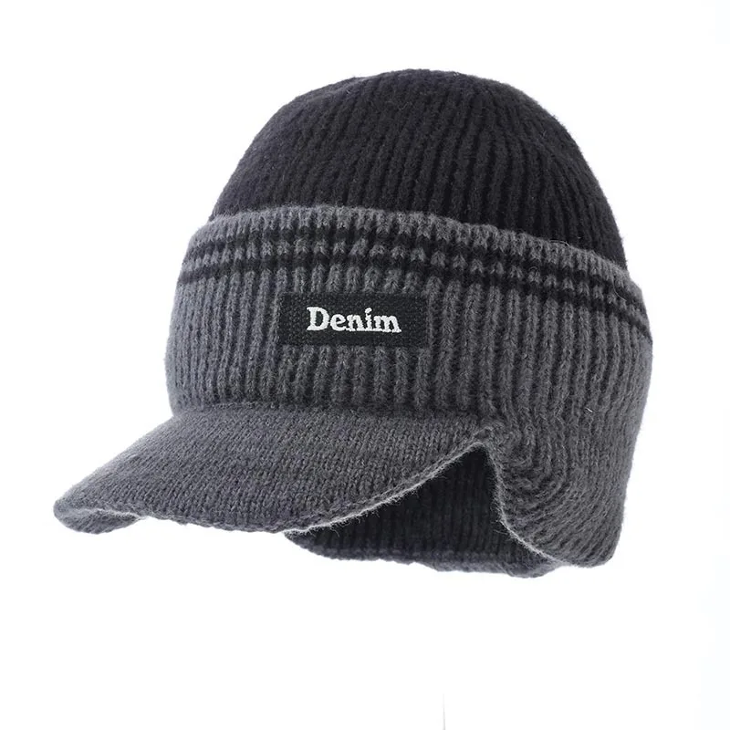 Mit Samt gefütterte Strickmütze für Herren – verdickte warme Wintermütze mit Gehörschutz, weite Herbstmütze für Herren (Schwarz/Grau) Neu