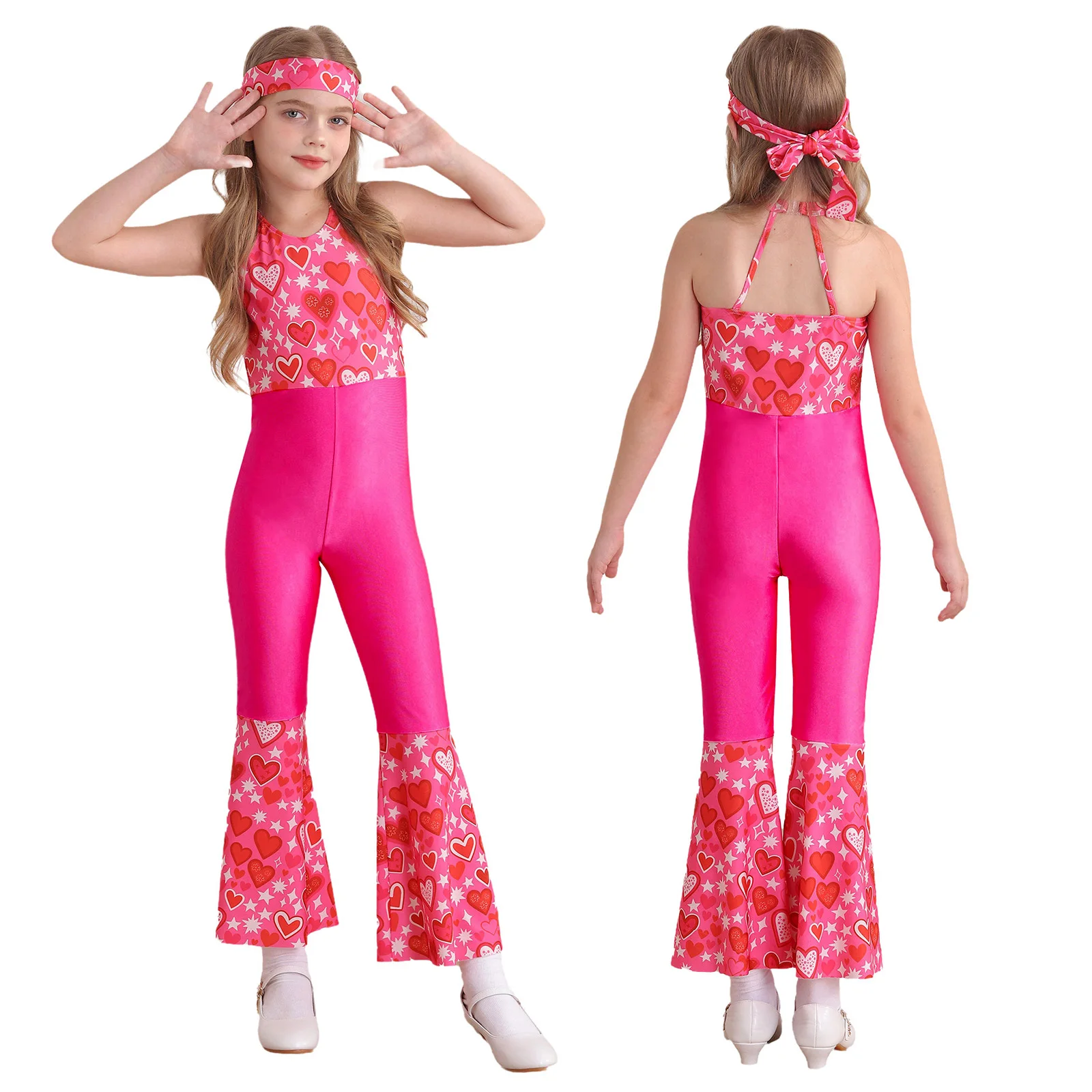 

Kids Girls Cartoon Printed 60s 70s Hippie Costume Disco Diva Dancing Performance Jumpsuit Bell Bottom Retro Vintage Bodysuit