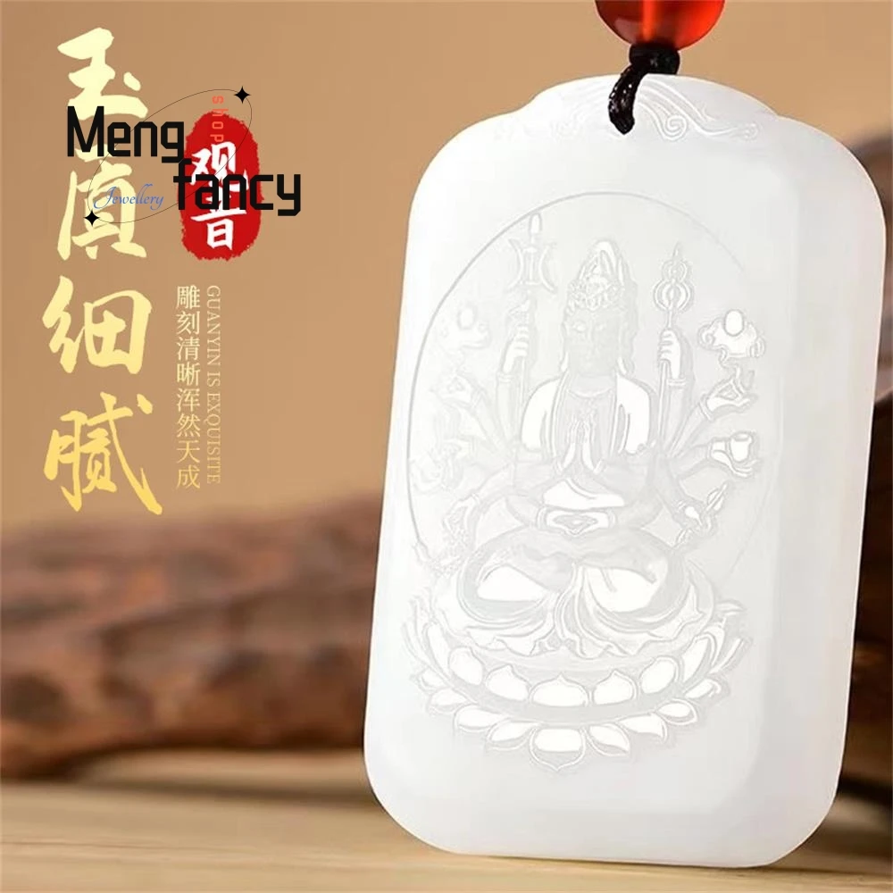 Natural Afghan White Jade Thousand-Hand Guanyin Pendant Buddhist Amulets National Style Fashion Jewelry Exquisite Holiday Gifts