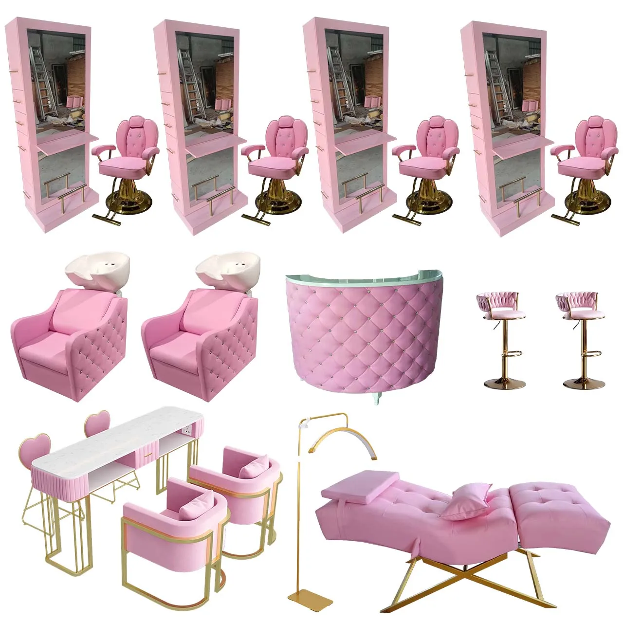 2025 Latest European Style White Mirror Station Pink Styling Chair Shampoo Chair Set 5 Years Warranty