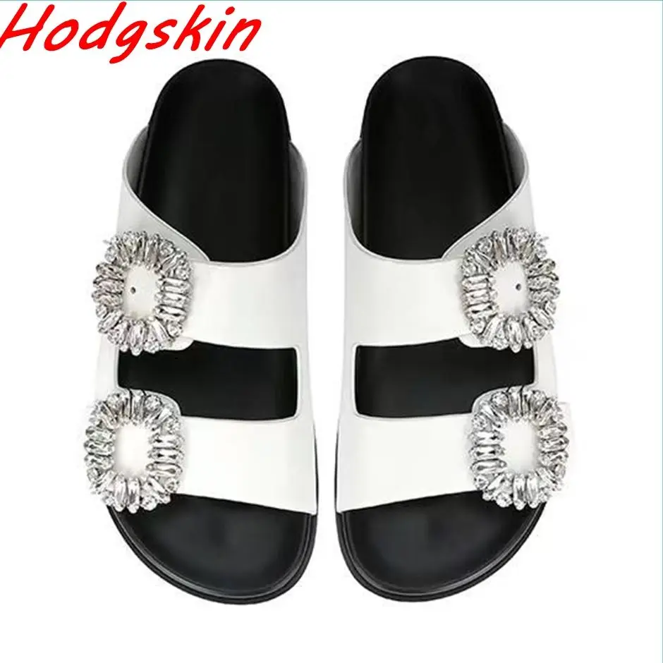 

Summer New Slippers Rhinestone Square Button Shiny Beach Shoes Open Toe One Word Belt Slip On Fashion Flat with Slides for Women