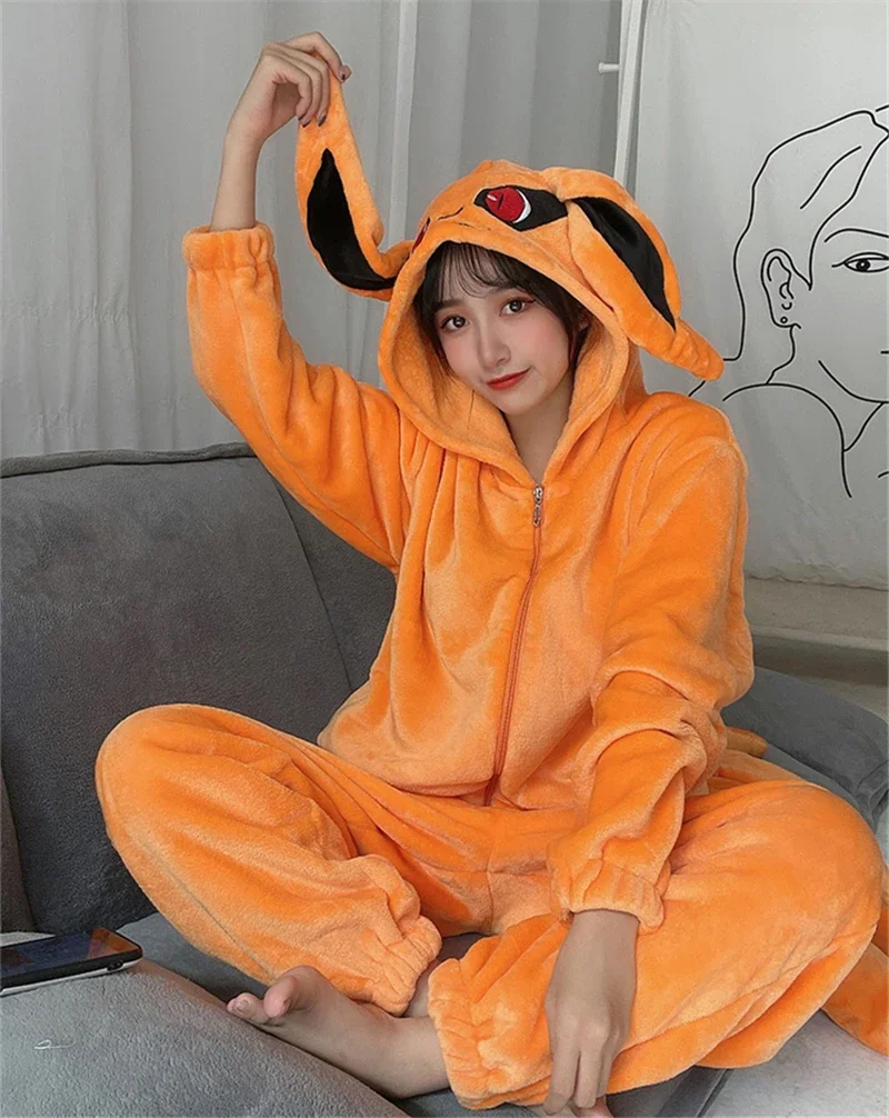 Anime Hokage Uzu-maki Kurama Kyuubi Fox Cosplay Costume Kigurumi Adult Unisex Pajamas Flannel Jumpsuit Sleepwear Onesies