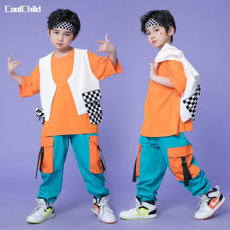 Boys Hip Hop Plaid Vest Contrast Cargo Pants Clothes Sets Girls Streetwear Children Joggers Outfits Kids Street Dance Costumes