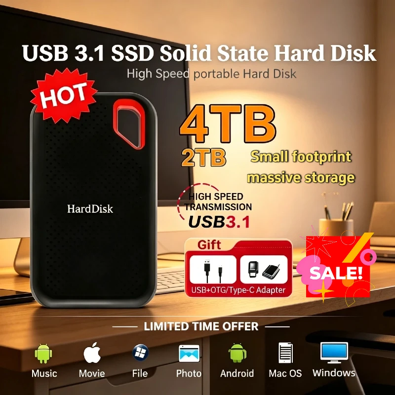 

2026 New Portable SSD 2TB External Hard Drive USB 3.1 Type-C high Disk Mass Solid State Drive for Laptop MAC Phone Hot Sale
