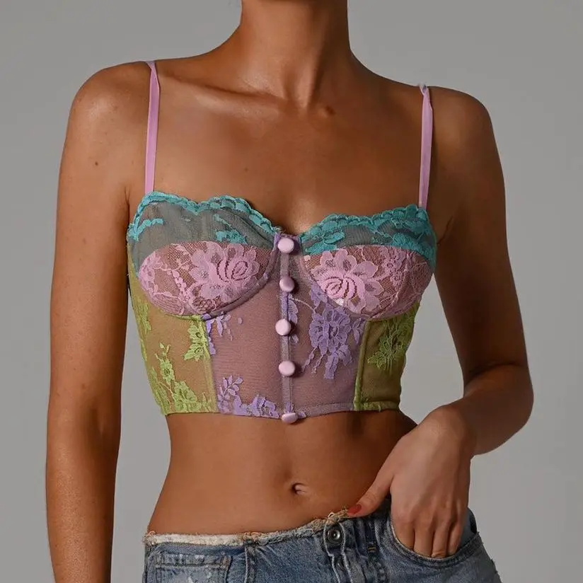 

Женский прозрачный кружевной мини-топ на бретелях-спагетти с пуговицами