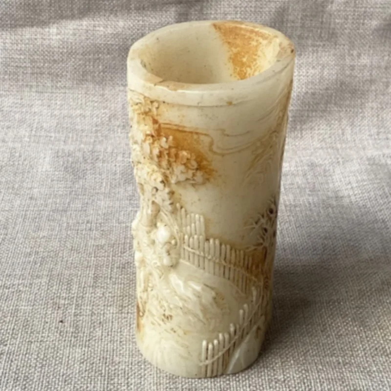 Antique Jade Carving Figure Pattern Old-Style Pen Holder - Oriental Scholar's Desk Display Collectible Ornament