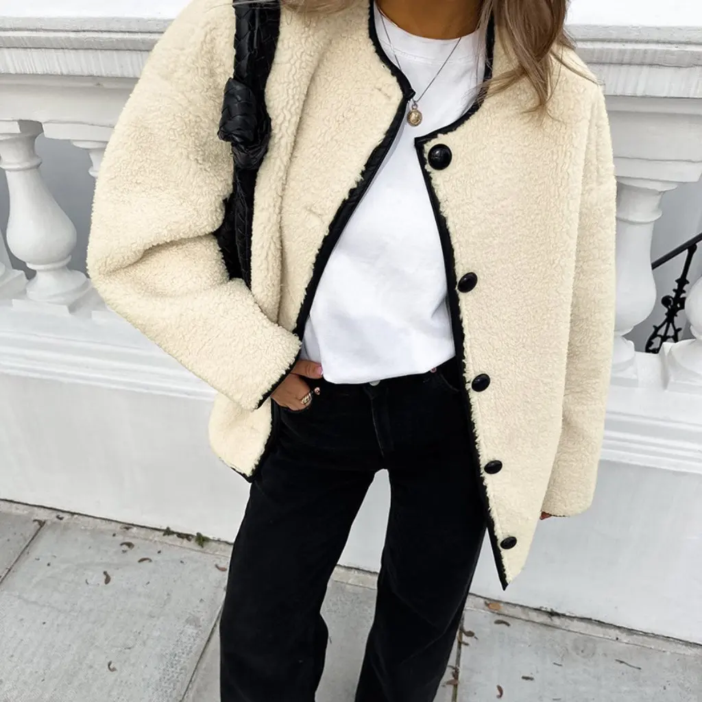 

Beige Lambswool Patchwork Coat round Neck Warm Loose Women's Outerwear Autumn Fashion European American Style for Commuter