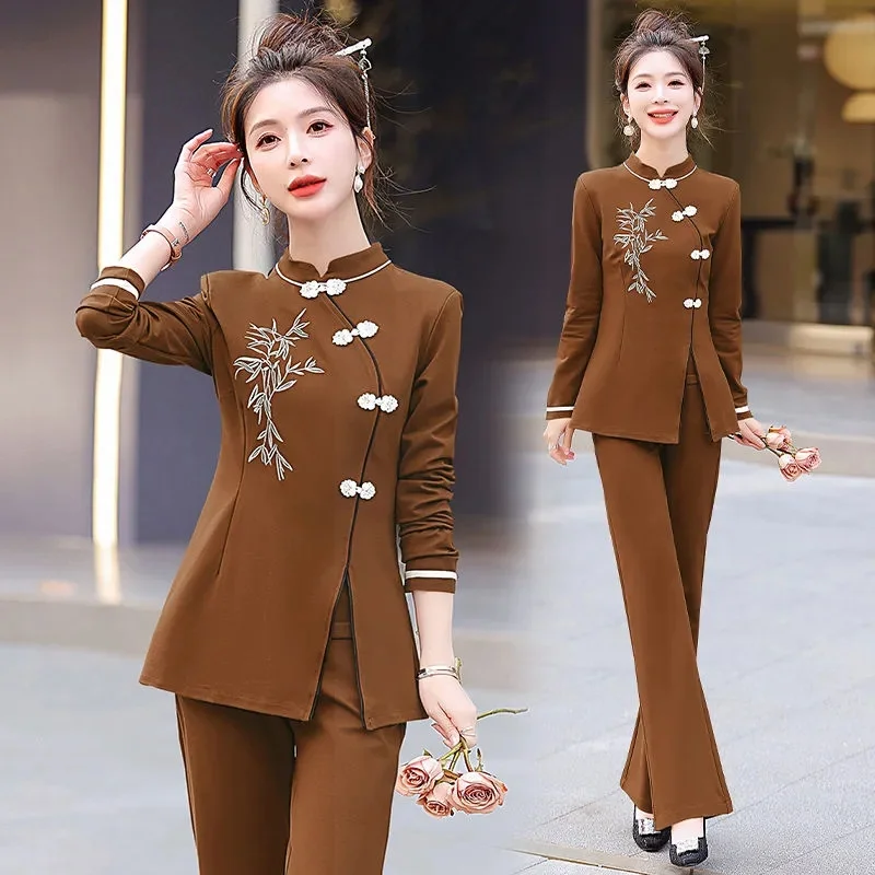 Chinese Style Suit Women's Summer Suits New Heavy Craft Embroidery 3/4 Sleeve Top Micro Flared Pants Temperament Two-Piece Set