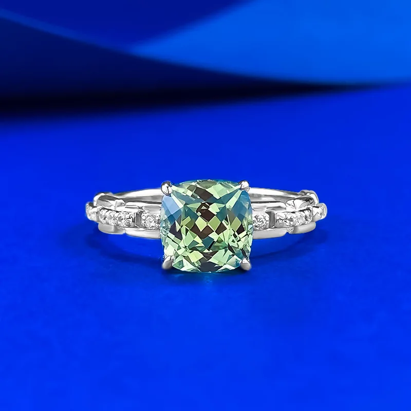 

S925 silver ring light green 7 * 7mm cubic zirconia inlaid fashionable women's jewelry