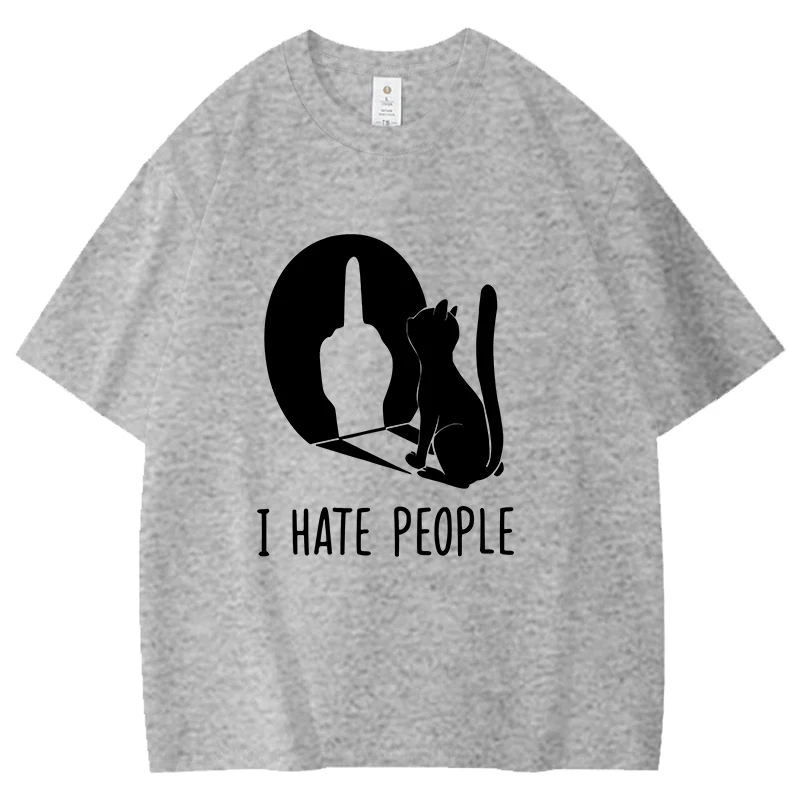 I Hate People Pattern Men Women Cotton T-Shirt Black Cat Background Print Unisex Tee Elegant Loose Graffiti Top Fun Simple Shirt