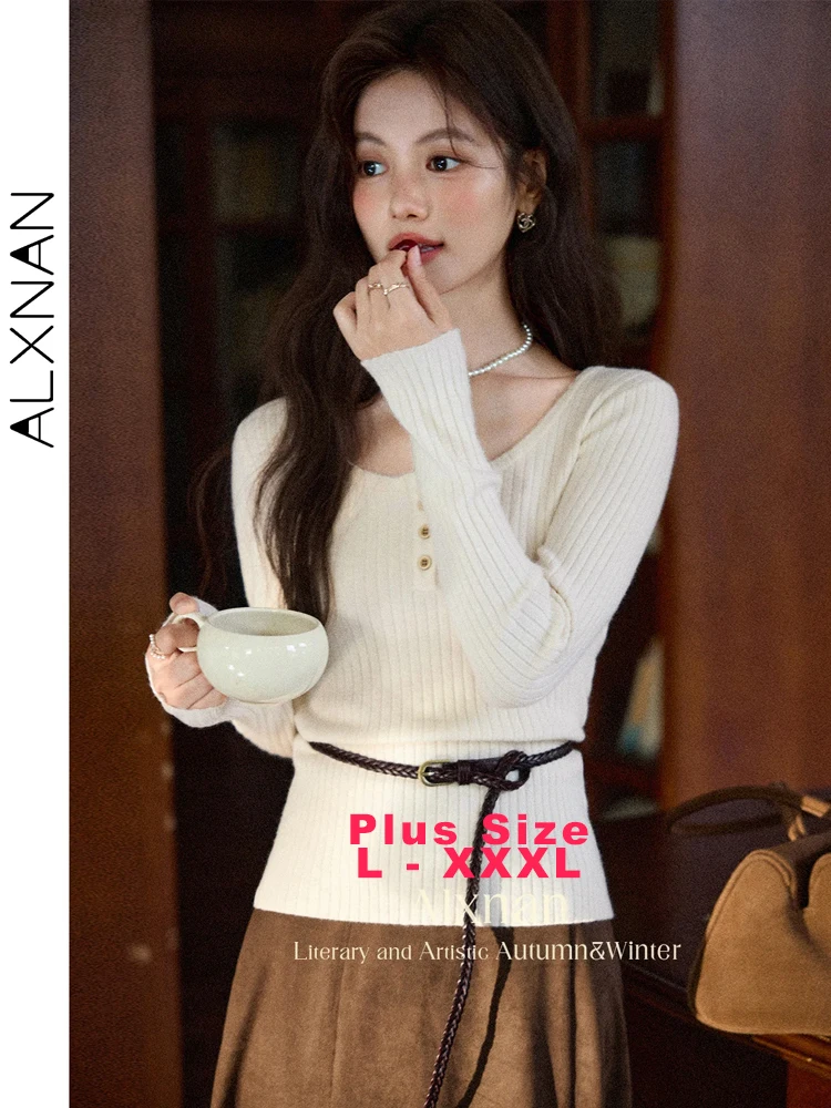ALXNAN frauen Pullover Apricot Rundhals Langarm Pullover Herbst Winter Elegante Casual Slim-fit Gestrickte Tops Weibliche L56950