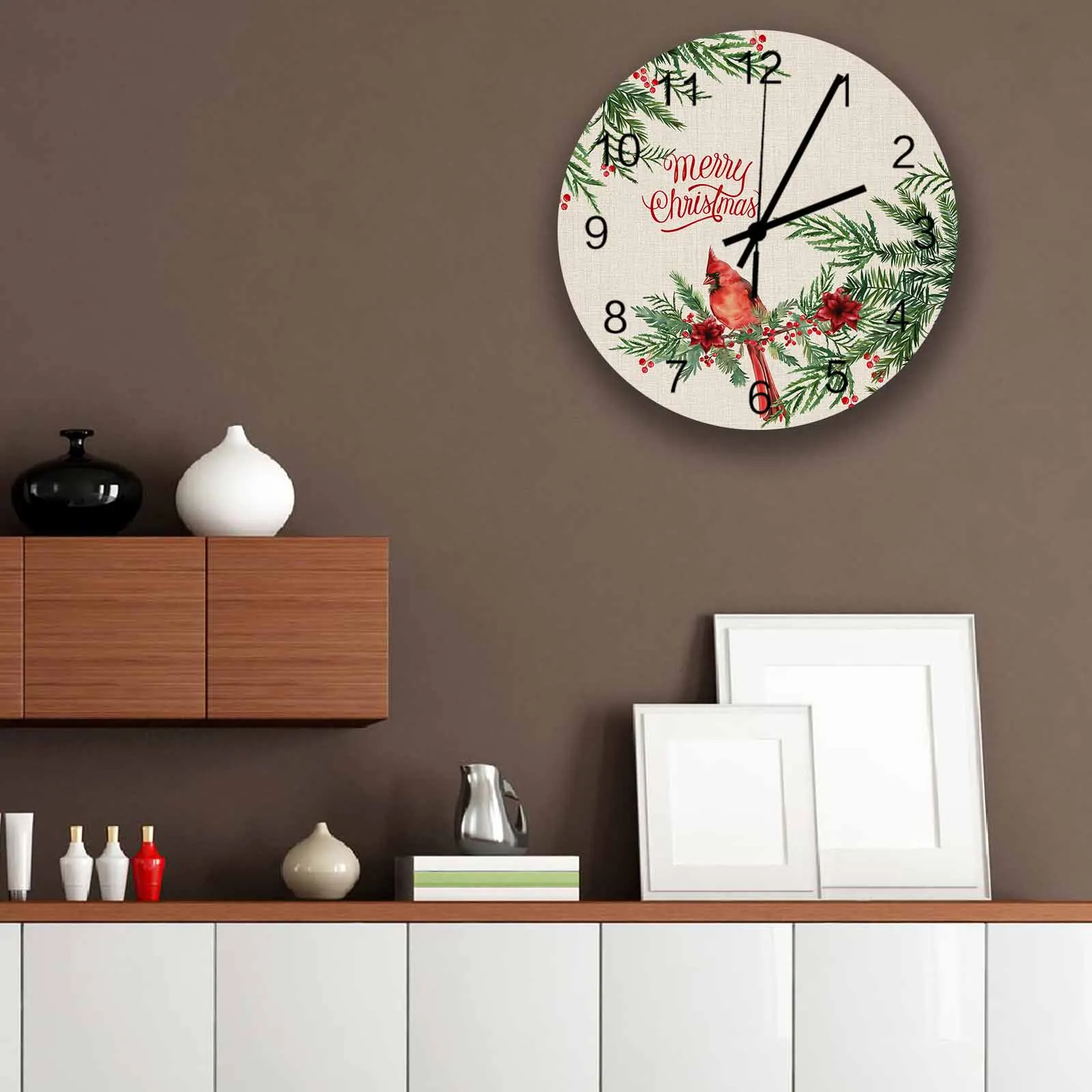 

Christmas Berry Plants Cardinals Wall Clock Large Modern Kitchen Dinning Round Wall Clocks Bedroom Silent Hanging Watc