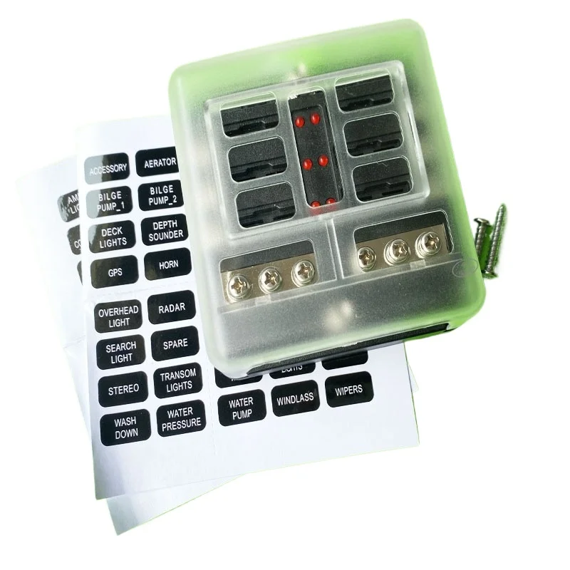 For One-in and Multiple-out Fuse Box with Positive and Negative Electrodes 6-way 12-way Belt, Screw Wiring with Lamp