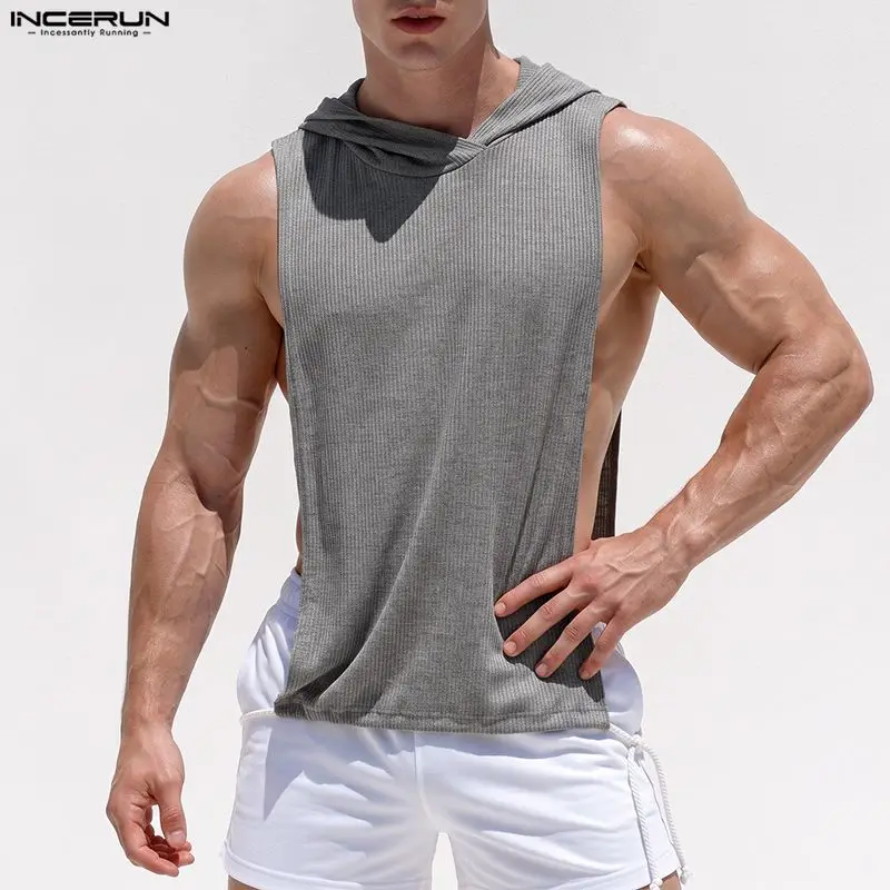 INCERUN Men's Tank Tops Solid Color Hooded Sleeveless Summer Casual Men Clothes Streetwear Knitted Split Side Fashion Male Vests