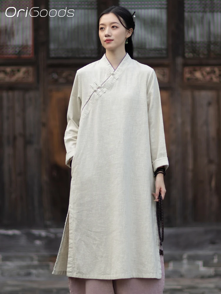 

OriGoods длинная блузка в китайском стиле, винтажное платье-рубашка с длинными рукавами, одежда в стиле дзен, женская японская одежда монахини для медитации, топ C145