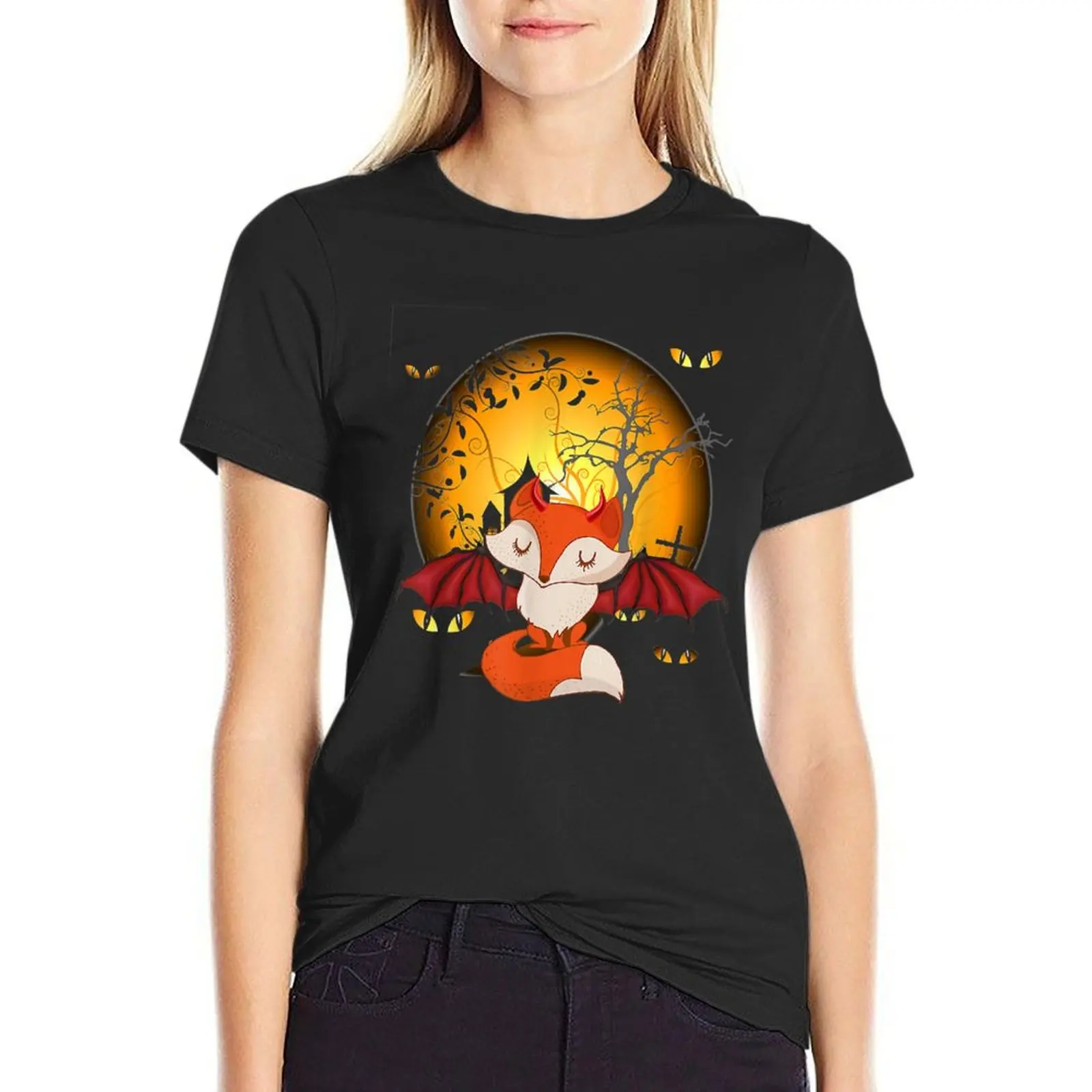 Halloween - Fox With Bat Wings T-Shirt gładka Estetyczna odzież urocze ubrania letnie topy Bawełniana koszulka damska