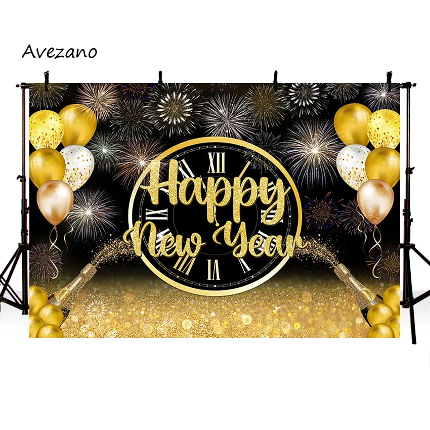 Avezano ano novo fotografia fundo champanhe ouro glitter balão fogos de artifício 2023 festa decoração do feriado cenário foto estúdio