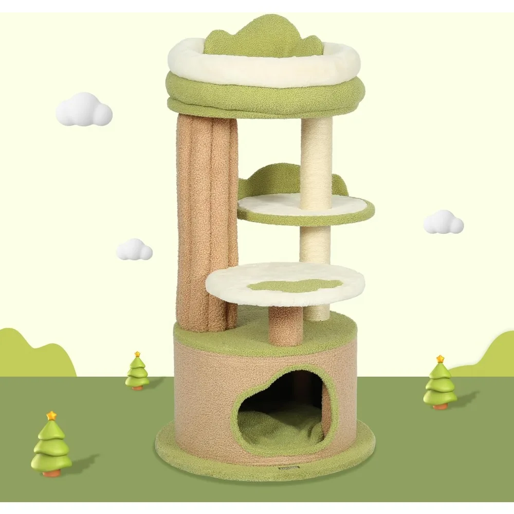 

KAMABOKO 42.5" Cute Green Cat Tree: Aesthetic Indoor Cat Tower with Teddy Fleece, Condo & Unique Furniture