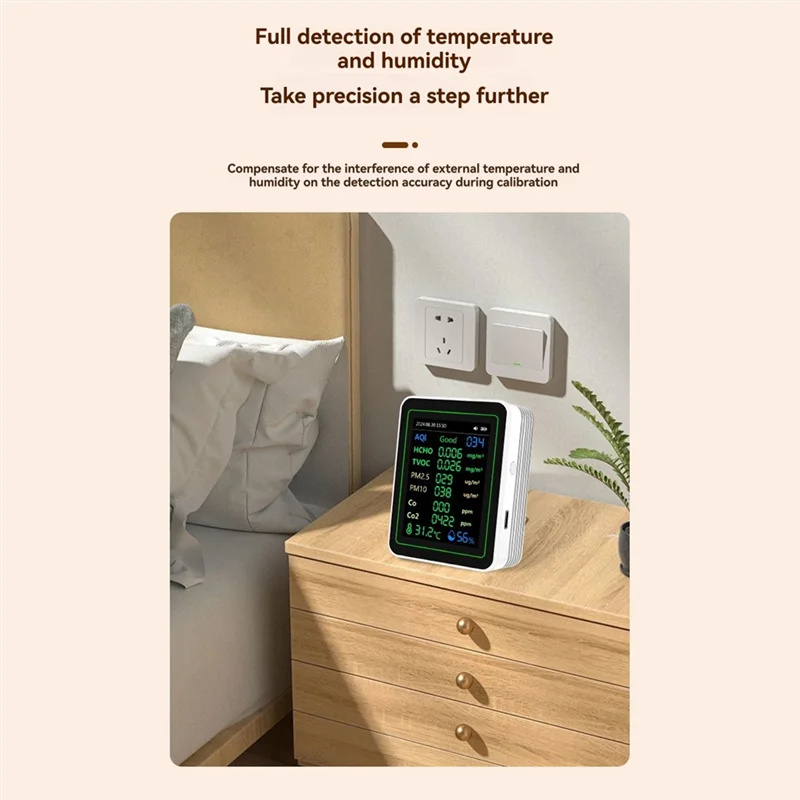 

ABVA-Air Quality Detector 12 In 1 Air Quality Tester Temperature/Humidity /Time/CO/CO2/Curve/TVOC/AQI/PM2.5/PM10