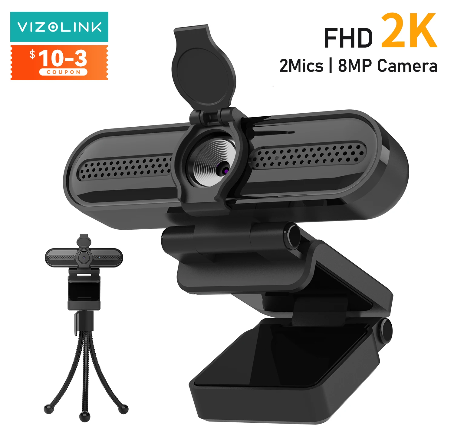 

Веб-камера VIZOLINK 60 Гц 2K Full HD с микрофоном Камера для ПК с автофокусом и двумя микрофонами с шумоподавлением Видеозвонки для ПК USB Веб-камера