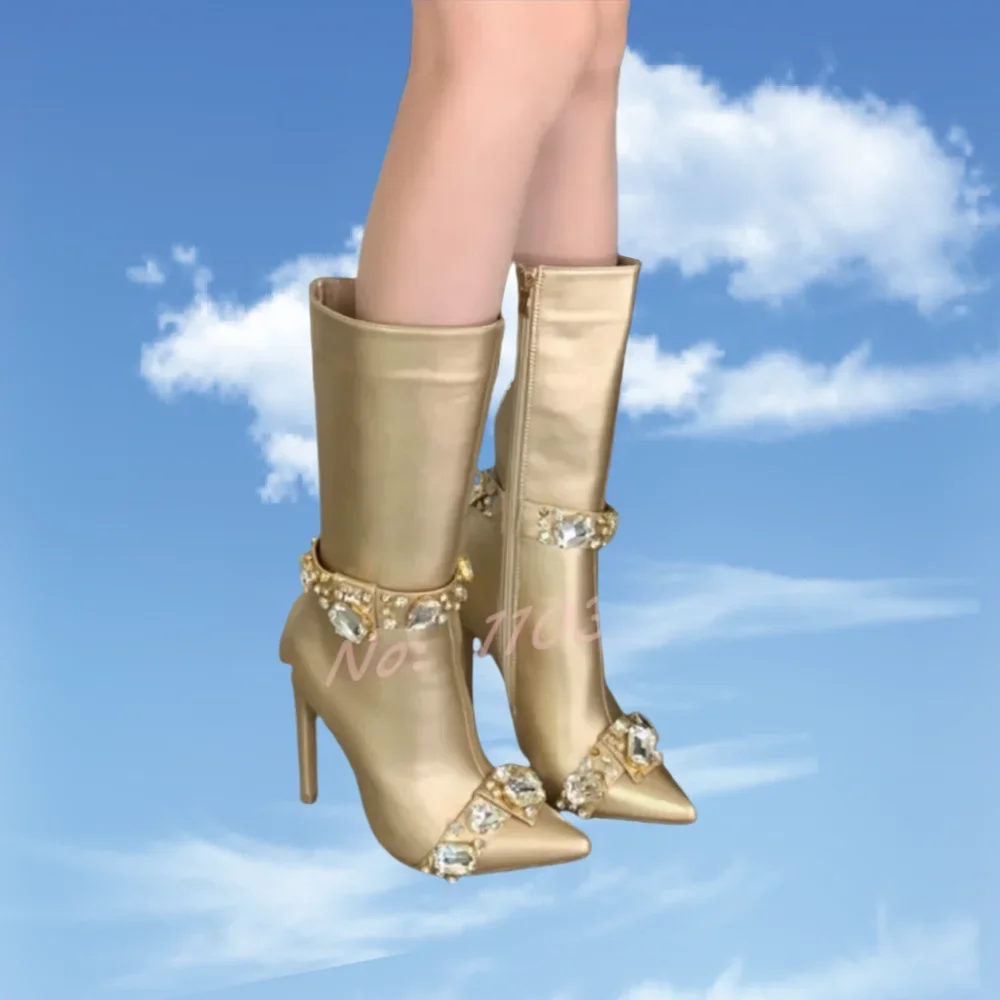 

Ботинки на шпильке с острым носком и золотыми кристаллами, женские модные туфли до середины икры на высоком каблуке с застежкой-молнией, женские вечерние шикарные элегантные ботинки в стиле ретро
