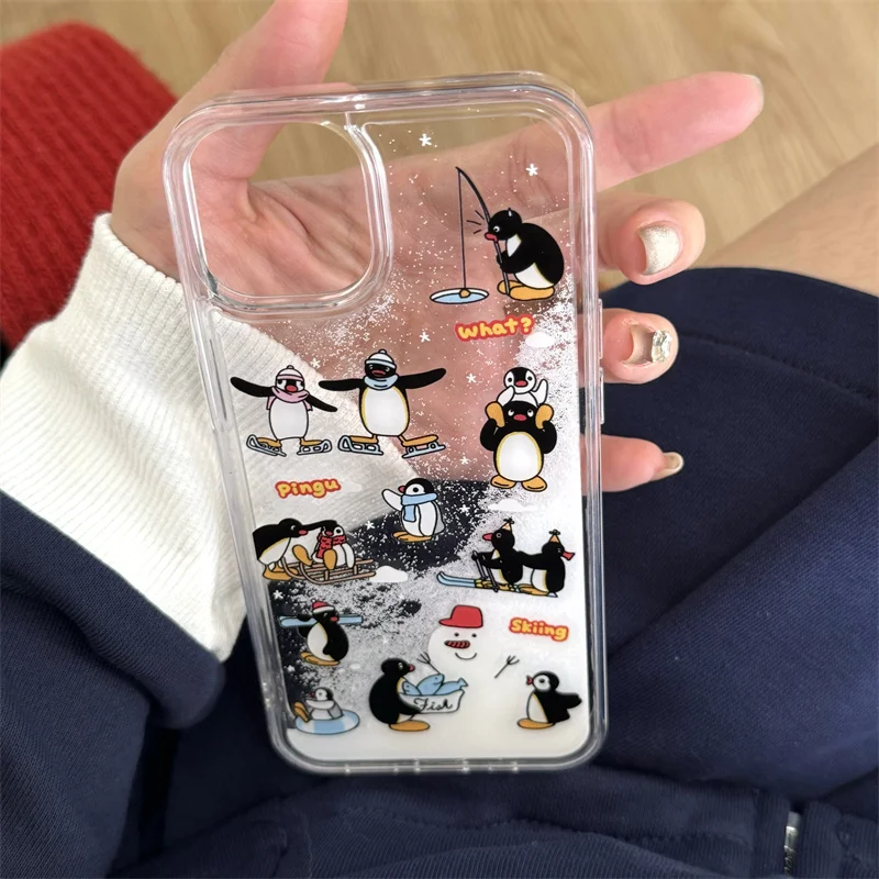 Coque de téléphone de luxe avec illustration de dessin animé, coque de téléphone à paillettes, bonhomme de neige, sable mouvant liquide, mignon, PenEcolHat, iPhone 13 14 15 16 Pro Max