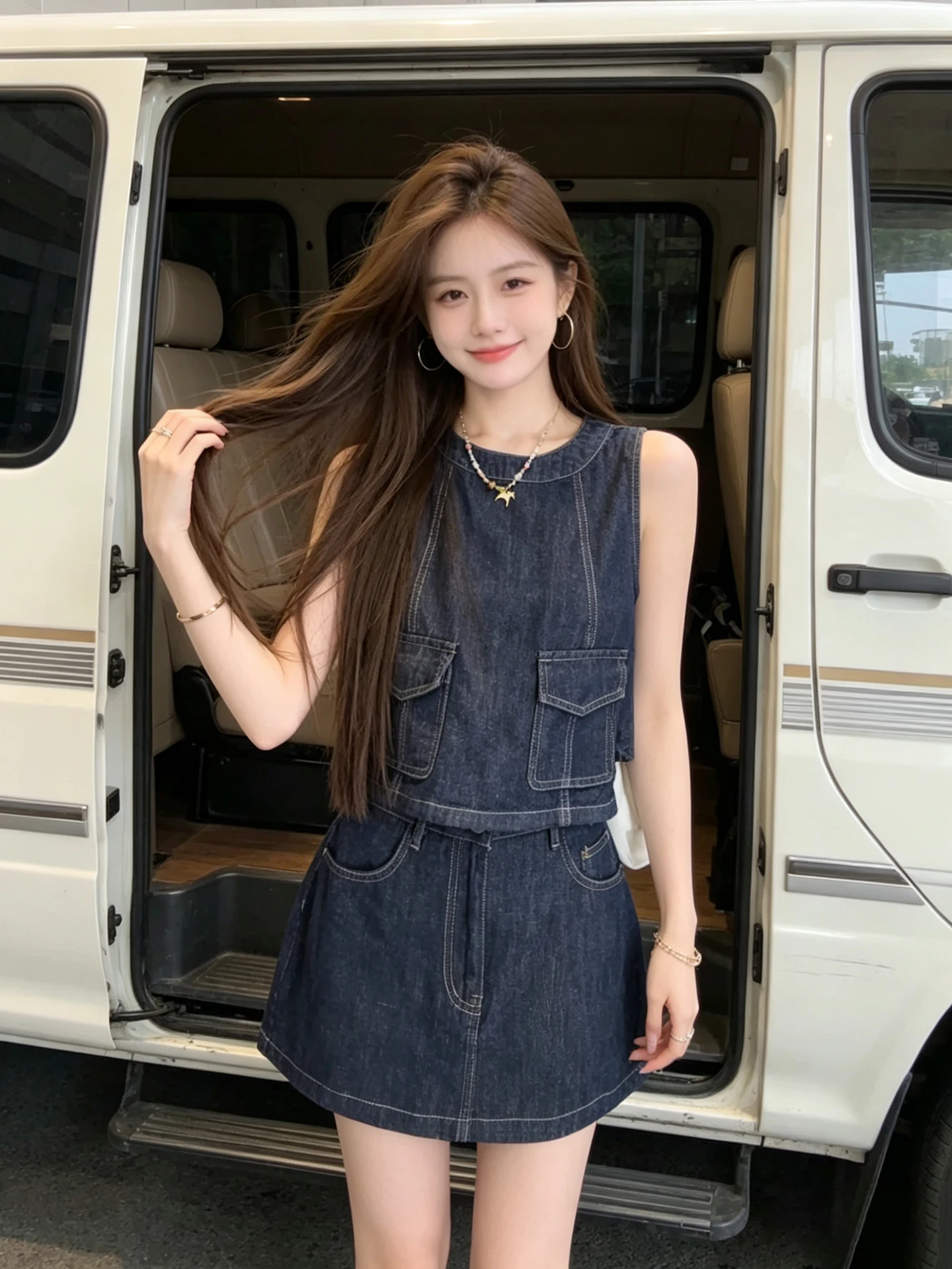 

Sweet Cool Spicy Girl Denim Set Women's Sleeveless Short Vest Top High Waist Slim A-Line Skirt Two-Piece Summer Outfit