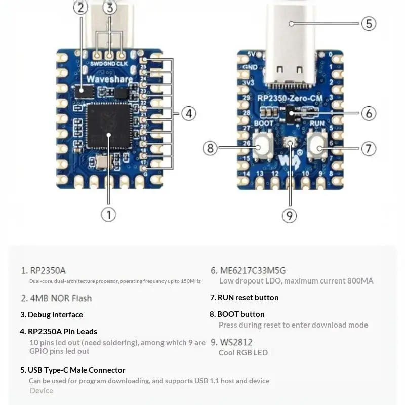 RP2350 Zero CM Development Board USB: C Port Unused IO Breakout DIY Programming