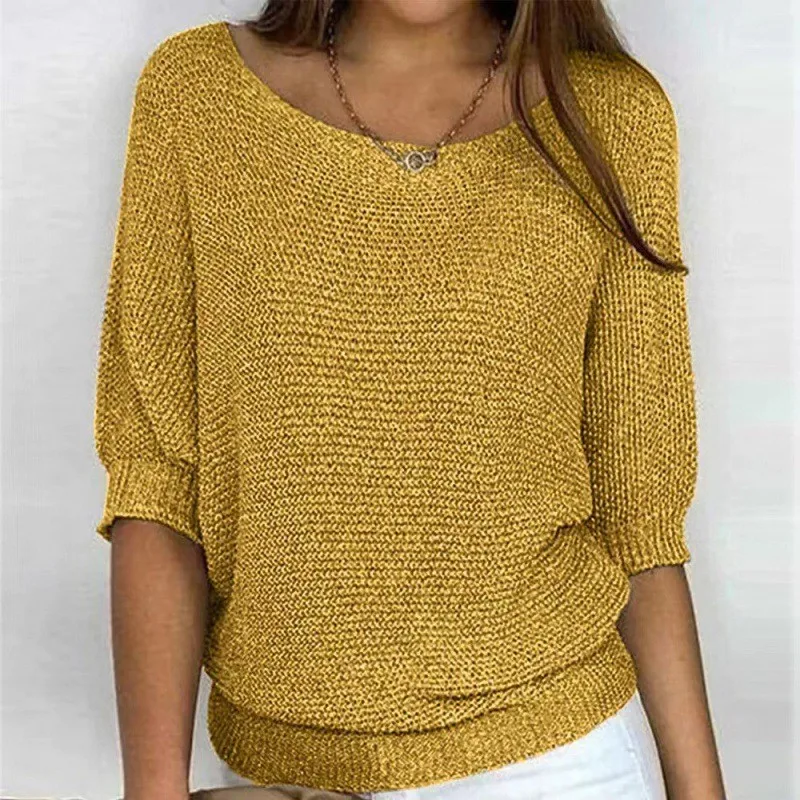 Solid Color Round Neck Seven Point Sleeve Pullover Sweater, Women's Spring and Summer New Fashion Knitted Top,Casual Knitwear